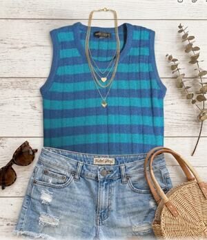 Jamie Scott knit Large Blue Teal striped Sleeveless Sweater top preppy 90s Mod